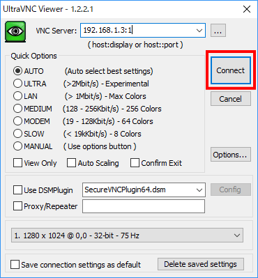 VNC server IP address: Enter display number